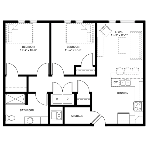 Floor plan for 2 beds, 1 bath, 1085 sqft